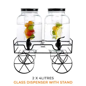 2x4 Litres Dual Double Glass Beverage Drinks Dispenser Screw Lid Jugs Tap Stand