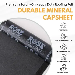 Premium Torch-On Heavy Duty Roofing Felt - Durable Mineral Capsheet - SBS Modified Bitumen Membrane 8m Roll x 1m Wide Black