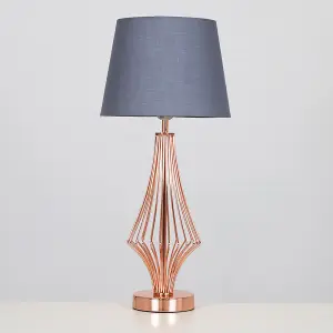 ValueLights Jaspa Copper Metal Wire Geometric Diamond Design Table Lamp with Grey Tapered Shade with 6w LED GLS Bulb In Warm White