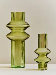 Interiors by Premier Large Green Spindle Glass Vase, Multi-Tiered Design Tall Vase, Ribbed Glass Vase, Smoked Glass Green Vase