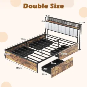 COSTWAY Double Size Metal Bed Frame with LED Lights & 4 Storage Drawers