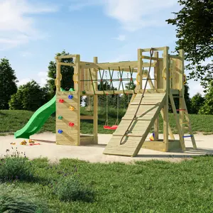 Shire Fun Wooden Climbing Frame with Twin Towers with Bridge, Double Swing and Slide