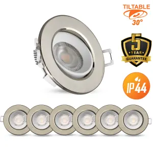 paul russells LED Downlight Brush Nickel Non-Dimmable Tiltable Recessed Spotlight 4.8W 400 Lumens IP44 Warm White 3000K Pack of 6