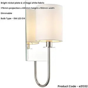 Bright Nickel Dimmable Wall Light - Vintage White Shade - Bevelled Edge Mirrored Back Plate