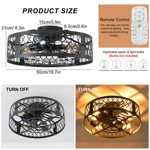 50cm Farmhouse Reversible Caged Ceiling Fan with Light Kit and Remote Black