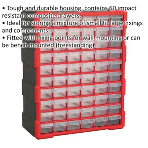 60 Drawer Parts Storage Cabinet - Wall Mounted or Freestanding - Red 380x160x475mm