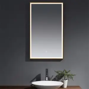 Bathroom Wall Mirror - Rectangular 1000 x 600mm - Brushed Brass Rectangular Wall Mirror - LED Light Lights - Bluetooth Speakers