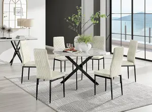 Furniturebox UK Novara White Marble Black Leg 120cm Round Dining Table & 6 Cream Velvet Milan Black Leg Chairs