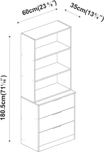 URBNLIVING Height 180cm White Drawers & Oak Bookcase 60cm Width 3 Tier Wooden Storage Chest Cabinet & Display Bookcase Shelving