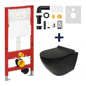 Top Ceramics Black Round Wall Hung Rimless Toilet with Soft Close Seat and 1.12m Cistern Frame