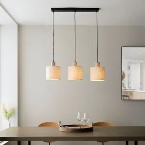 Luminosa Durban Bar Pendant Ceiling Lamp, Natural Eucalyptus Wood, Natural Linen, Matt Black