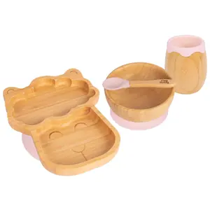 Tiny Dining 4pc Llama Bamboo Suction Baby Feeding Set - Pastel Pink