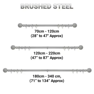 A.Unique Home Beaded Ball Metal Extendable Curtain Pole with Rings and Fittings (25/28mm) - Brushed Steel, 180cm - 340cm Approx