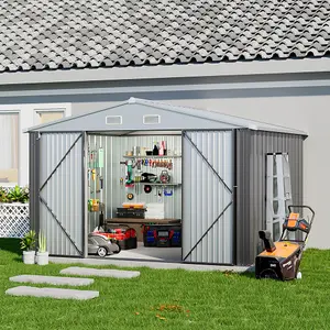 10x8ft Metal Shed Garden Storage Shed Apex Roof Double Lockable Door,Grey