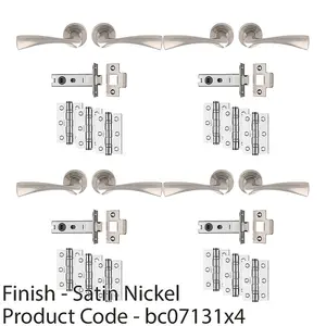 4 PACK - Premium Door Handle & Latch Pack Set- Satin Nickel Curved Flair Lever Round Rose