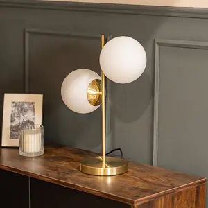 ValueLights Jas 2 Light Gold Metal Stem Bedside Table Lamp with White Frosted Glass Shades