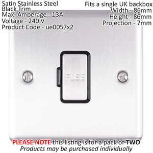 2 PACK 13A DP Unswitched Fuse Spur SATIN STEEL Black Mains Isolation Wall Plate