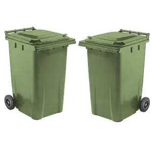 Large 240 Litre Green Coloured Outdoor Council Wheelie Bins Complete With Lid And Wheels