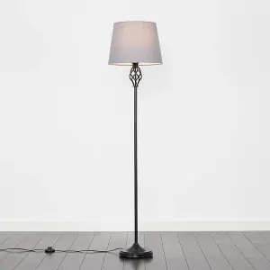 ValueLights Memphis Traditional Style Black Barley Twist Floor Lamp with Grey Light Shade