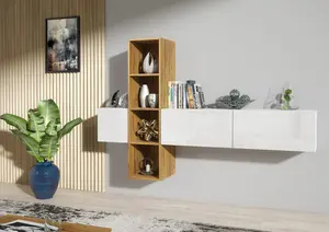 Wally TV Unit 180cm Oak & White with High Gloss Doors - Creative Furniture