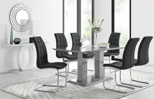 Imperia Grey High Gloss 6 Seater Dining Table with Structural 2 Plinth Column Legs 6 Black Padded Faux Leather Murano Chairs