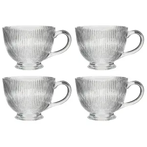 Set of 4 Embossed Footed Glass Coffee Mug Clear Tea Cups