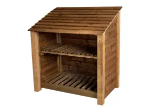 Wooden log store with kindling shelf W-119cm, H-126cm, D-88cm - brown finish