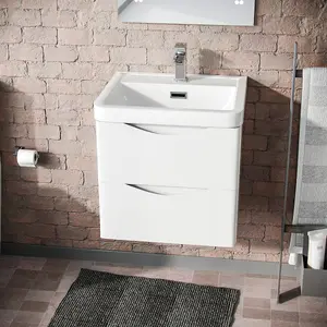 Nes Home 500mm White Wall Hung Basin Vanity Unit 2 Drawer Bathroom Storage Cabinet Gloss