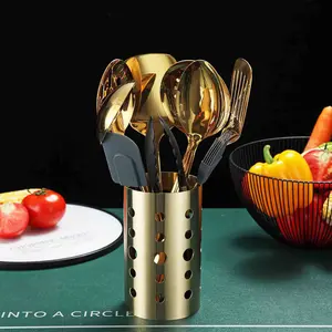 Gold Cooking Utensils Set, Stainless Steel 13 Pieces Kitchen Utensils Set With Titanium Gold Plating, Kitchen Tools Set With Utensil Holder, Dishwasher Safe, Easy To Clean