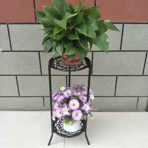 Garden 2 Tier Black Tall Round Rustproof Vintage Plant Stand 64cm H