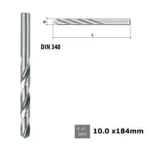 Quality Drill Bit For Metal - Polished HSS DIN 340 Silver - Diameter 10.0mm - Length 184mm