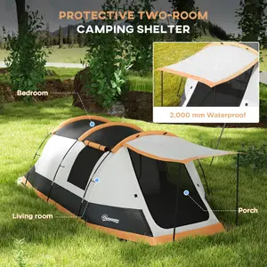 Outsunny Tunnel Tent with Bedroom, Living Room and Porch for 3-4 Man, Orange