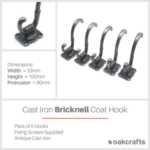 Oakcrafts - Antique Cast Iron Bricknell Coat Hook - Pack of 5 Hooks