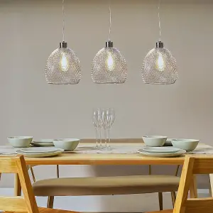 ValueLights Novo 3 Way Chrome Over Table Ceiling Light Fitting with Suspended Mesh Lightshades and 4w LED Filament Bulbs