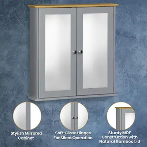 Double Mirror Bathroom Cabinet - Grey with Bamboo Top