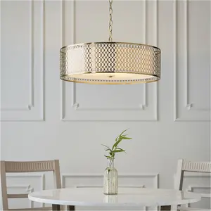 2 PACK Hanging Ceiling Pendant Light - Gold Effect Plate White Fabric & Frosted Glass - 3 X 10W LED E27