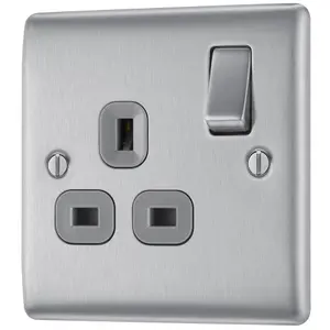 BG Brushed Steel Single 13A Switched Socket & Grey inserts