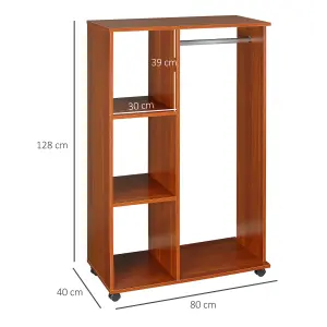 HOMCOM Rolling Open Wardrobe Hanging Rail Storage Shelves for Clothes, Walnut