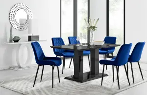 Imperia Black High Gloss 6 Seater Dining Table with Structural 2 Plinth Column Legs 6 Navy Velvet Black Leg Pesaro Chairs