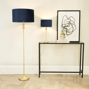 ValueLights Maggie Gold Candlestick Floor Lamp with Navy Blue Velvet Lamp Shade and LED Bulb