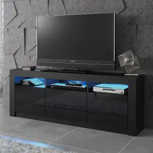 Shine TV Unit 160cm Black with High Gloss Doors and LED Lighting - Creative Furniture