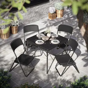 URBNGARDEN 82cm Height Black Square Rattan 4 Folding Chairs with Table Outdoor Garden Furniture