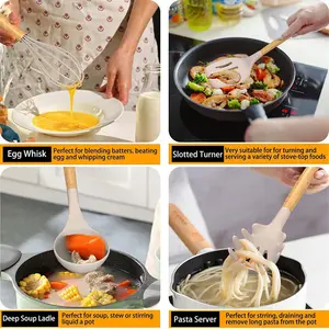 Kitchen Utensil Set Silicone Cooking Utensils Heat Resistant Nonstick Kitchen Tools With Hooks, Silicone Kitchen Gadgets With Wooden Handle, Turner Tongs Spatula Spoon Cooking Tools Khaki