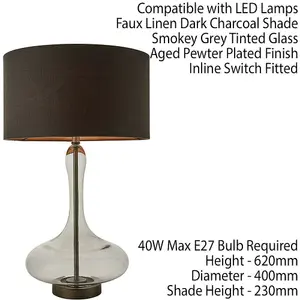 Unique Table Lamp Smoked Glass - Aged Pewter - Charcoal Shade Sideboard Light