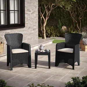 URBNGARDEN 87cm Height Black Coffee Table & Chairs Bistro Set Rattan Garden Furniture Outdoor Patio Set of 3