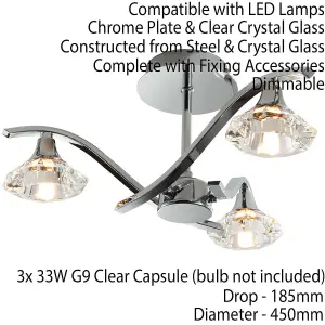 Semi Flush Ceiling Light Chrome Clear Crystal 3 Bulb Hanging Pendant Lamp Shade