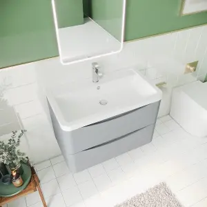 Wall Hung 2 Drawer Vanity Basin Unit with Polymarble Basin, 800mm - Satin Grey