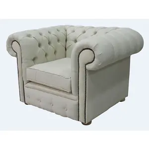 Chesterfield Low Back Club Armchair Charles Cream Real Linen Fabric In Classic Style