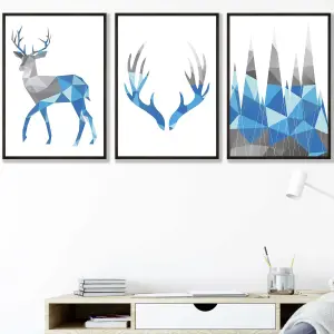 Set of 3 Geometric Bright Blue Grey Stags Set Wall Art Prints / 30x42cm (A3) / Black Frame