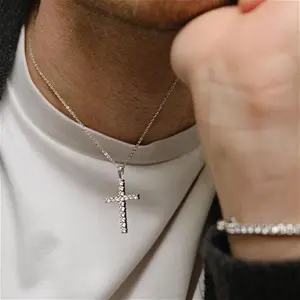 Lab Diamond Cross Necklace Pendant 0.22Ct Set In 925 Silver